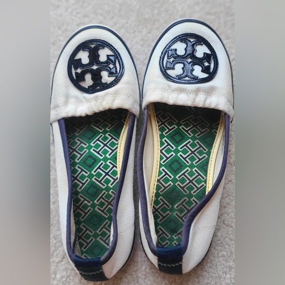 Tory Burch White and Navy Canvas slip ons - Picture 4 of 9